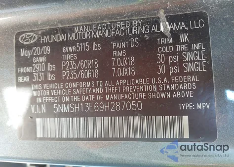 2009 Hyundai Santa Fe Limited из США, поврежденный, VIN 5NMSH13E69H287050